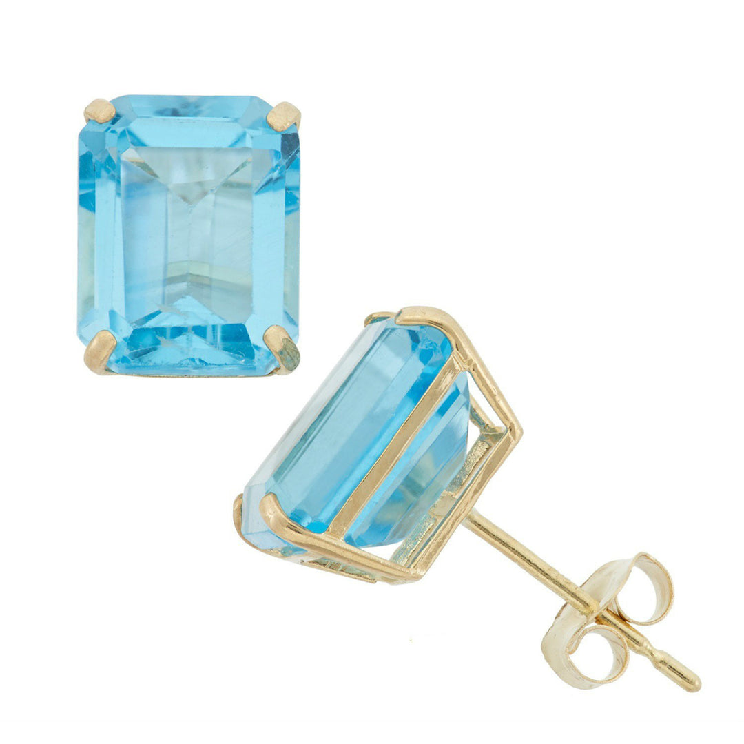 18kt Gold Plated Lab Created Emerald-Cut Oval Swiss Blue Topaz Studs Image 1