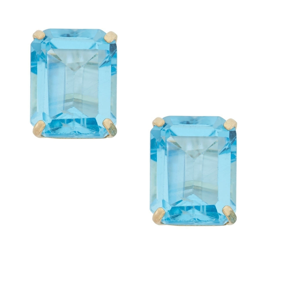 18kt Gold Plated Lab Created Emerald-Cut Oval Swiss Blue Topaz Studs Image 2