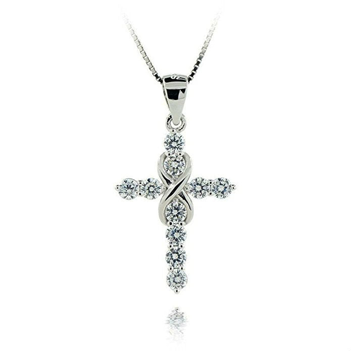 Womens 925 Sterling Silver CZ Crystal Cross Pendant 18" Link Chain Necklace Image 1