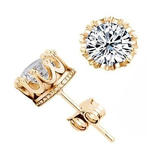 Sterling Silver Dipped in Gold Crystal Crown CZ Stud Earrings Image 1