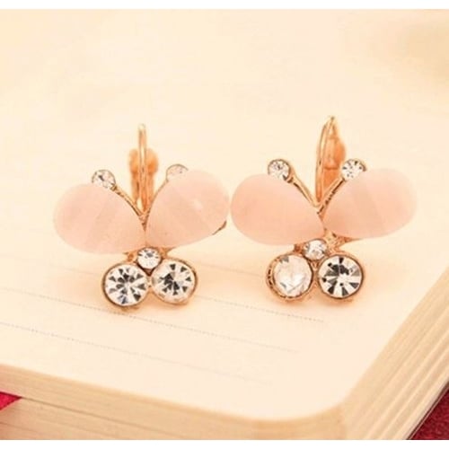 Pink Crystal Butterfly Earring Lever Back Gold Filled High Polish Finsh Image 1