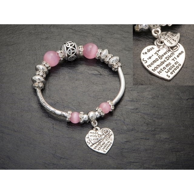 Silver Filled High Polish Finsh  Pink Bead Austrain Crystal Heart Charm Bracelet Image 1