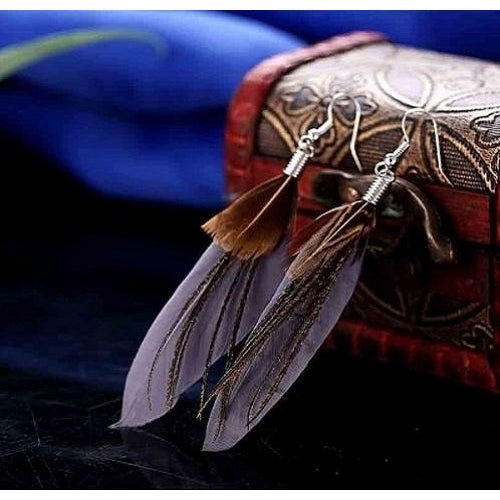 Unique Gray Feather Hanging Earrings Image 1