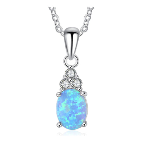 Rhodium Filled High Polish Finsh  Oval-Cut Lab Created Fire Opal Necklace Image 1