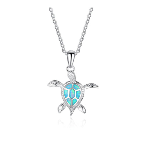 Rhodium Filled High Polish Finsh  Lab-Created Opal Turtle Pendant Necklace Image 1