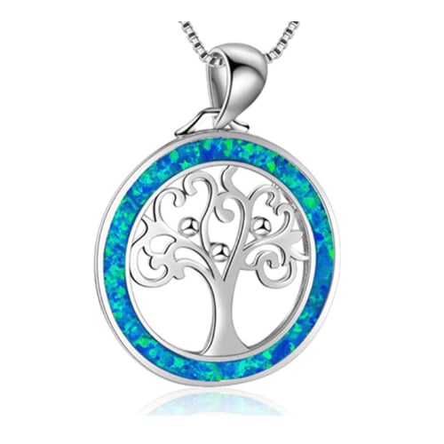 Rhodium Filled High Polish Finsh  Lab-Created Opal Tree Of Life Pendant Necklace Image 1