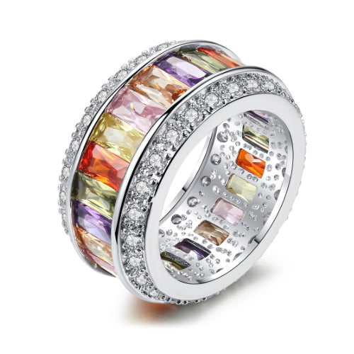 White Rhodium Filled High Polish Finsh  Multi-Color  Princess-Cut Cubic Zirconia Wide Band Ring Image 1