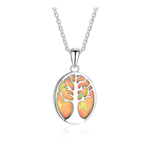White Gold Filled High Polish Finsh  Fire Opal Tree Of Life Pendant Necklace Image 1