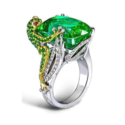 Silver Filled High Polish Finsh Cute Frog Shape Lab Created Emerald Finger Ring Image 1