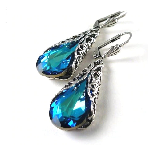 Rhodium Filled High Polish Finsh  Blue Stone Hollow Out Silver Water drop Drop Earring Image 1