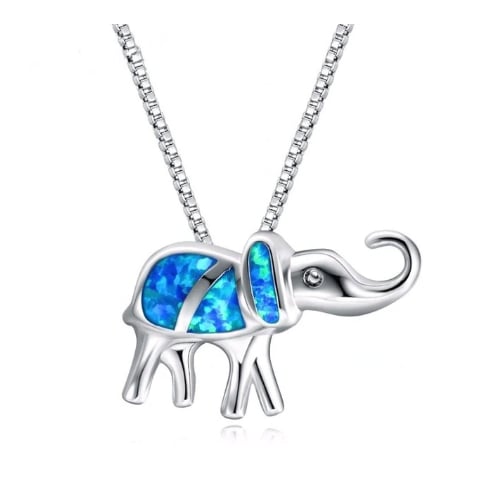 Rhodium Filled High Polish Finsh  Blue Fire Opal Elephant Pendants Necklaces Image 1