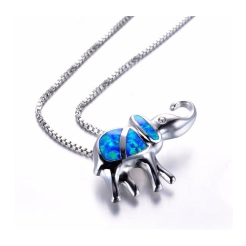 Rhodium Filled High Polish Finsh  Blue Fire Opal Elephant Pendants Necklaces Image 2
