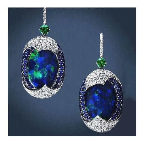 Rhodium Filled High Polish Finsh  Oval Blue Opal White Cubic Zirconia Dangle Earrings Image 1