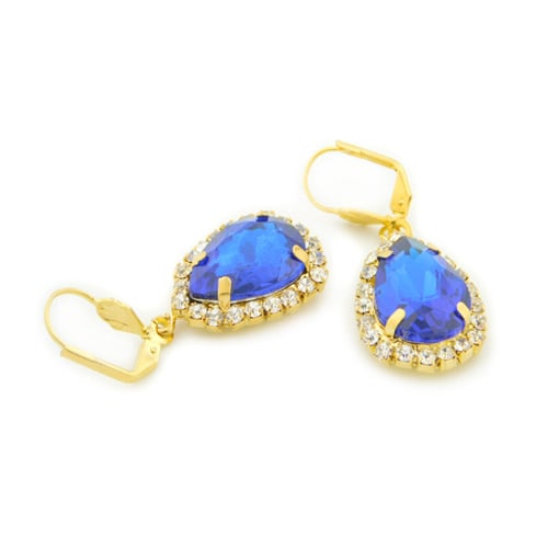 18k Gold Filled Blue Crystal Tear Drop Hanging Earrings Image 1