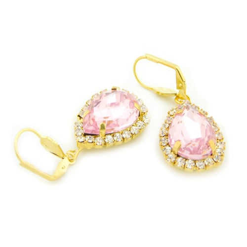 18k Gold Filled Pink Crystal Tear Drop Hanging Earrings Image 1