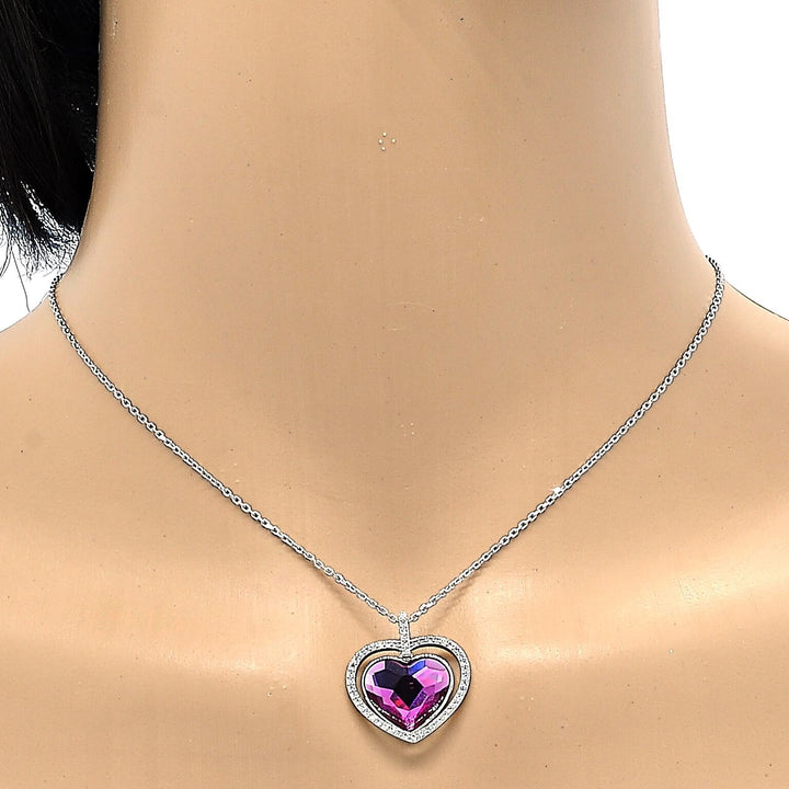 Rhodium Filled High Polish Finsh  Fancy Necklace Heart Design with  Crystals and Micro Pave Rhodium Tone Image 3
