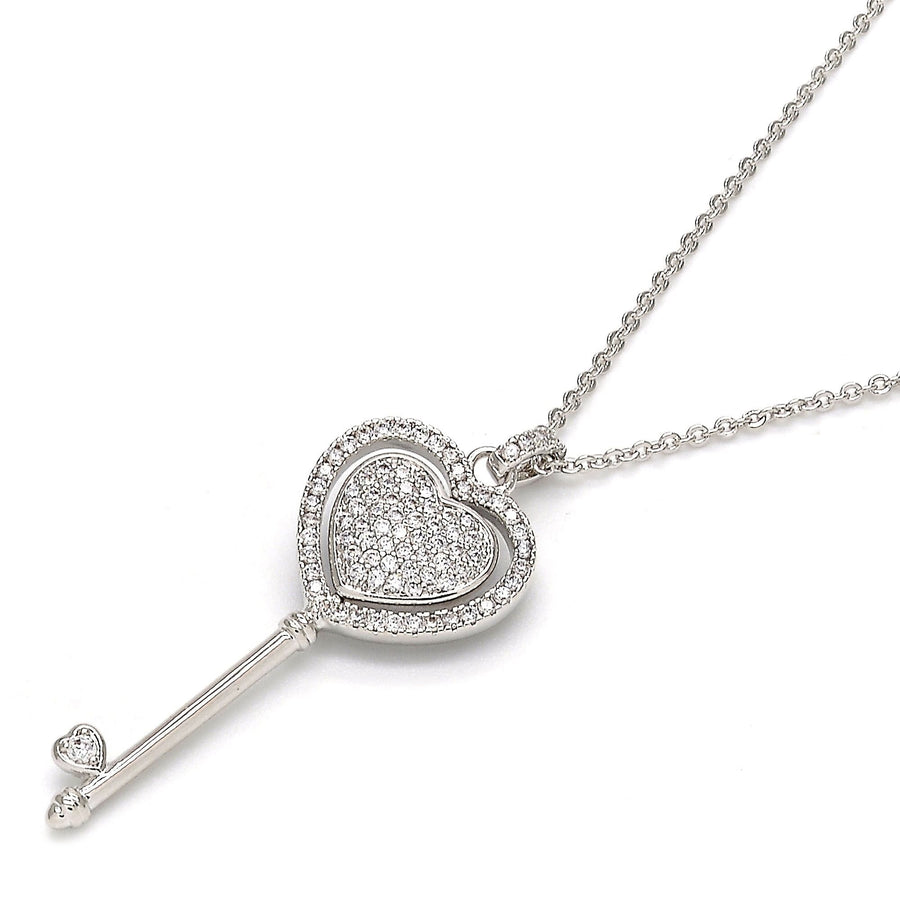 Sterling Silver Fancy Necklace key and Heart Design with  Crystals and Micro Pave Rhodium Tone Image 1