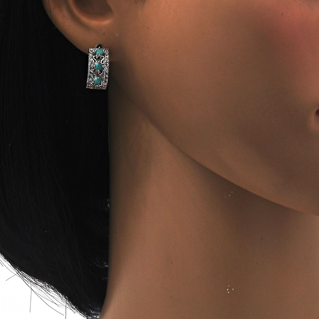RHODIUM Filled High Polish Finsh  LAB CREATED Turquoise EARRINGS Image 3