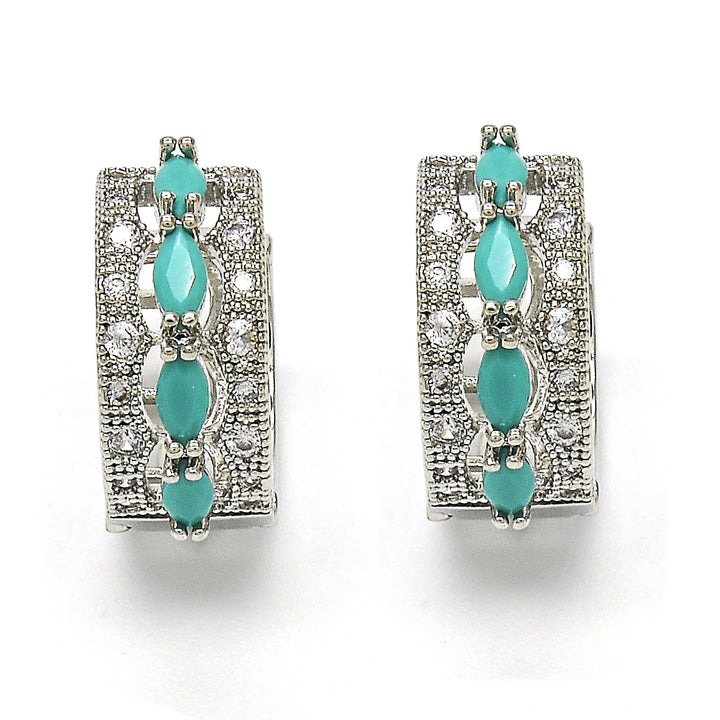 RHODIUM Filled High Polish Finsh  LAB CREATED TURQUOISE OVAL EARRINGS Image 1