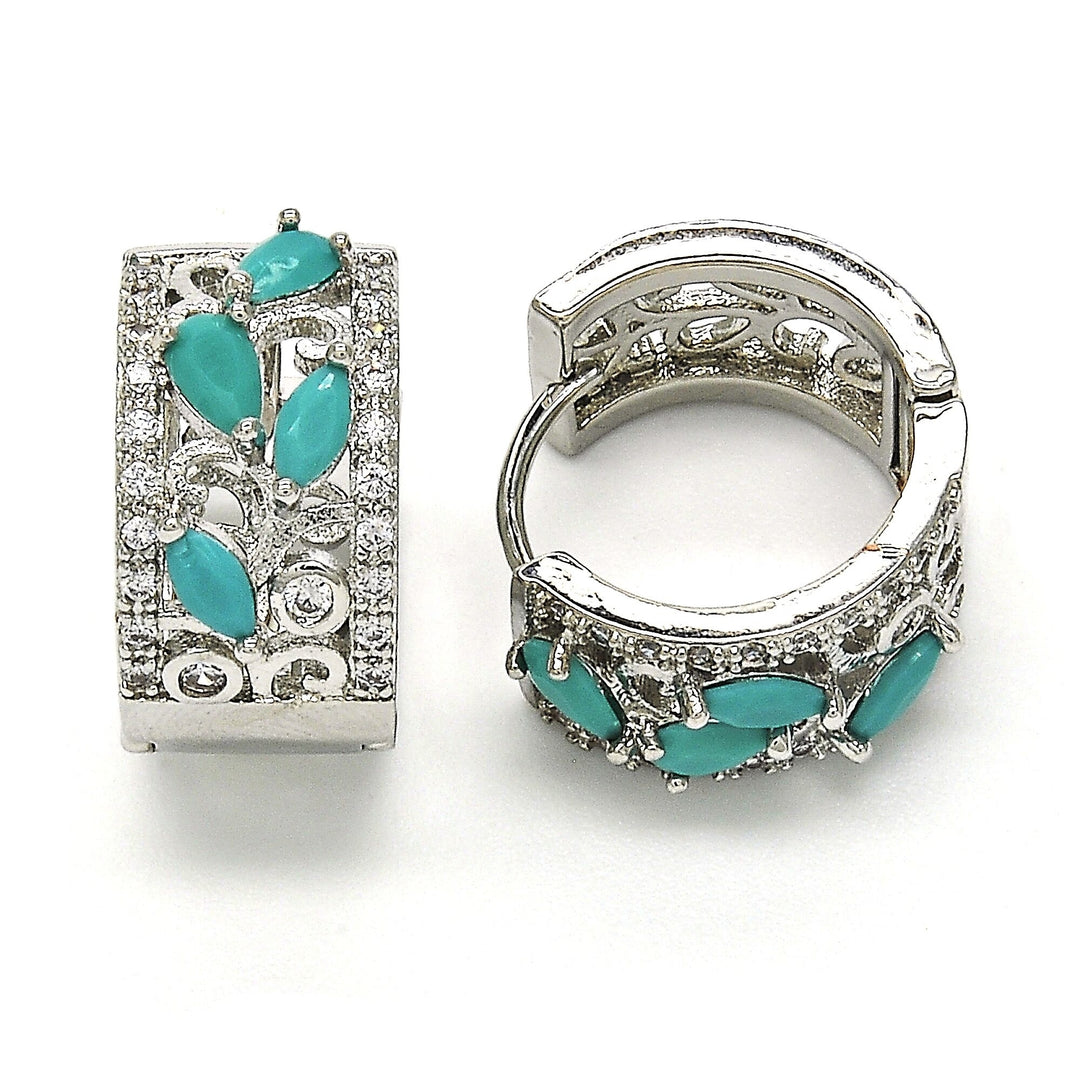 Rhodium Filled High Polish Finsh  Huggie Hoop Teardrop TURQUOISE and Leaf Design with Cubic Zirconia Rhodium Tone Image 2