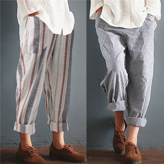 Cotton Linen High Waist Harem Pants Loose Trousers with Pockets Image 1
