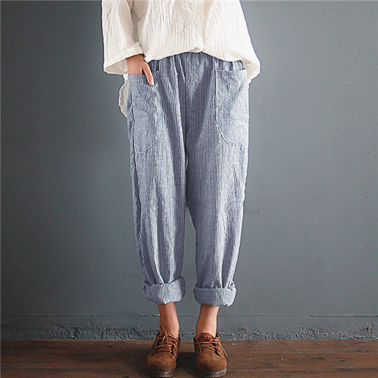Cotton Linen High Waist Harem Pants Loose Trousers with Pockets Image 4