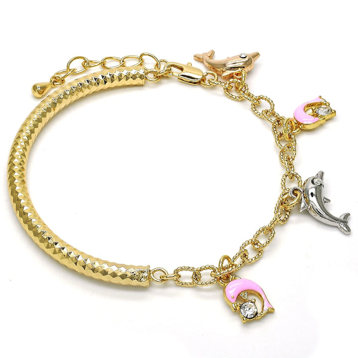 Gold Filled Charm Bracelet Dolphin and Hollow Design with Crystal Tri Tone Image 2