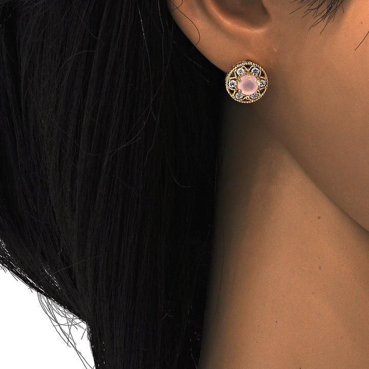 Gold Filled High Polish Finsh Stud Earring Flower Design with Opal and Cubic Zirconia Golden Tone Image 3
