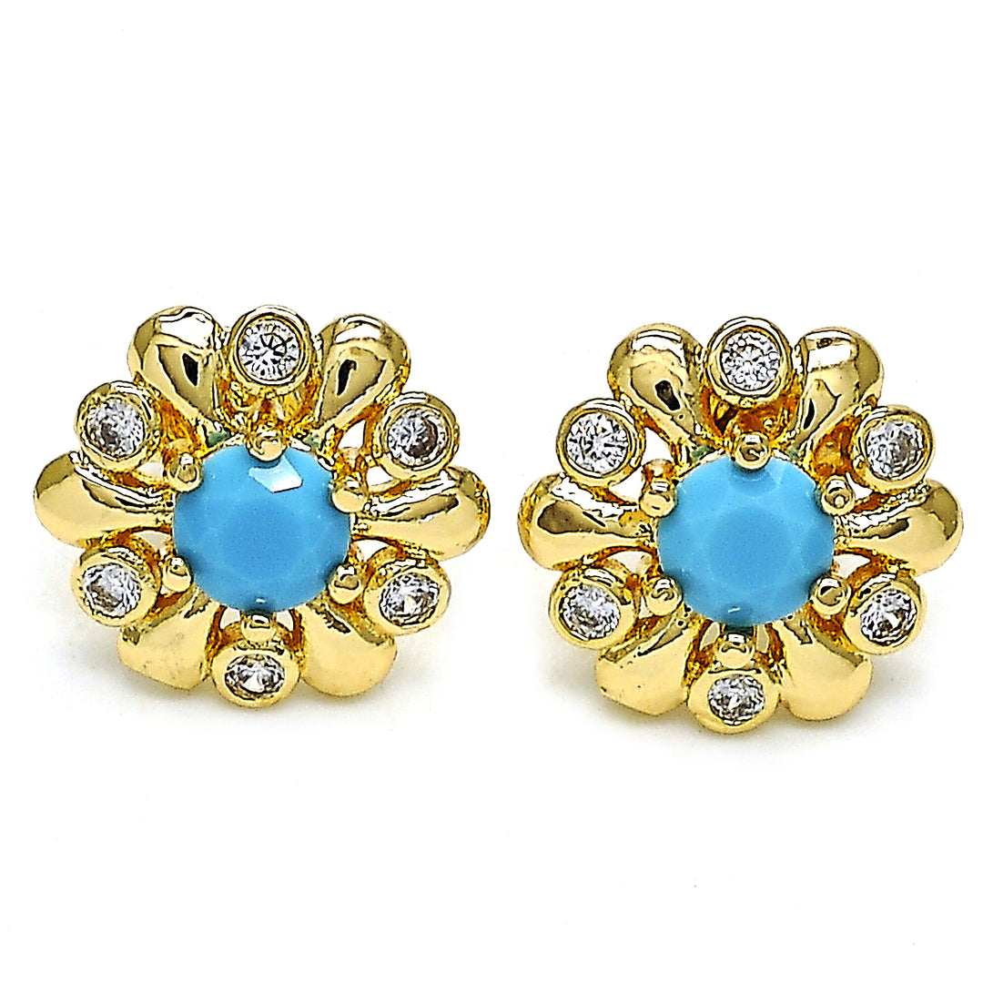 14K Gold Filled High Polish Finsh Stud Earring Flower Design  With Opal and Cubic Zirconia Golden Tone Image 1