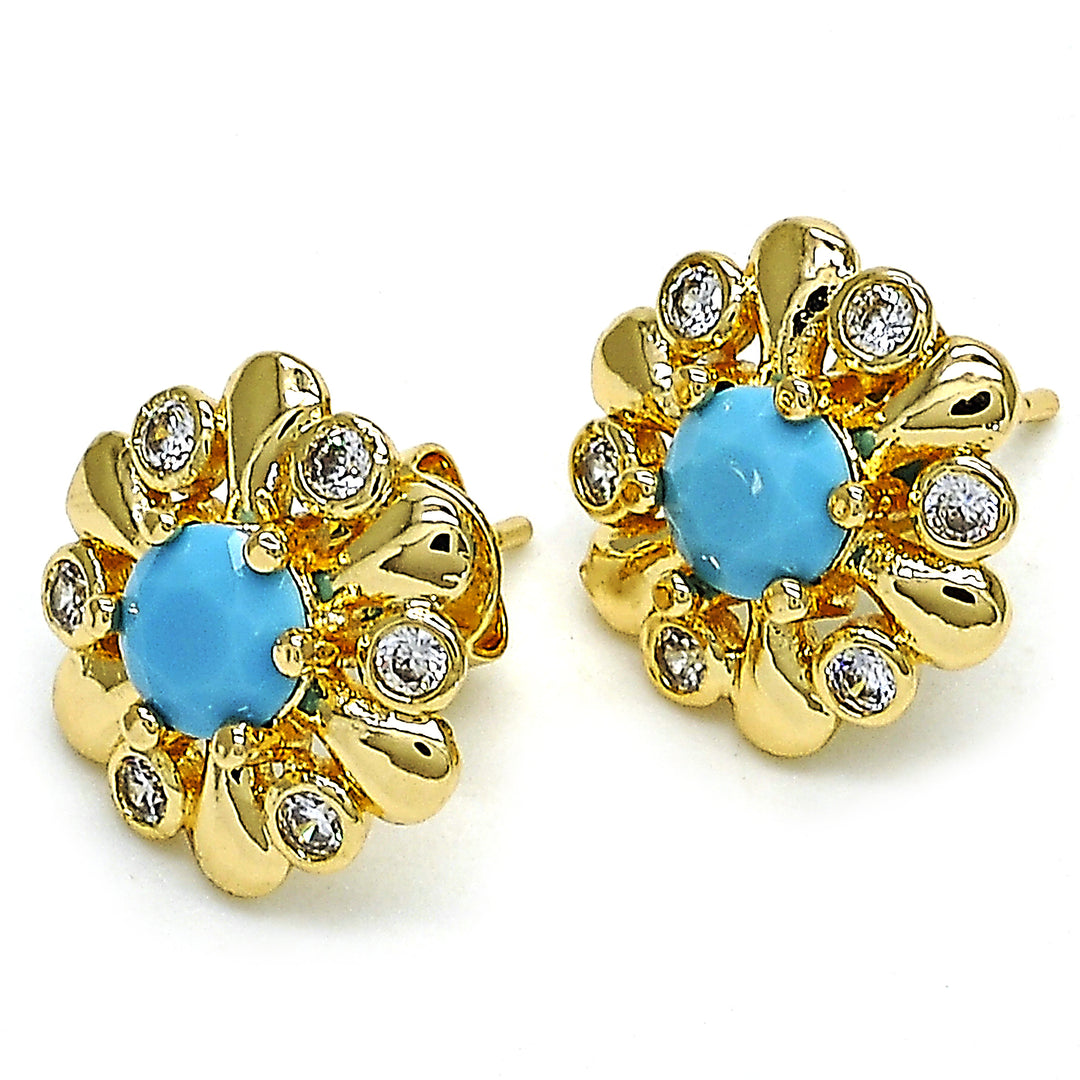 14K Gold Filled High Polish Finsh Stud Earring Flower Design  With Opal and Cubic Zirconia Golden Tone Image 2