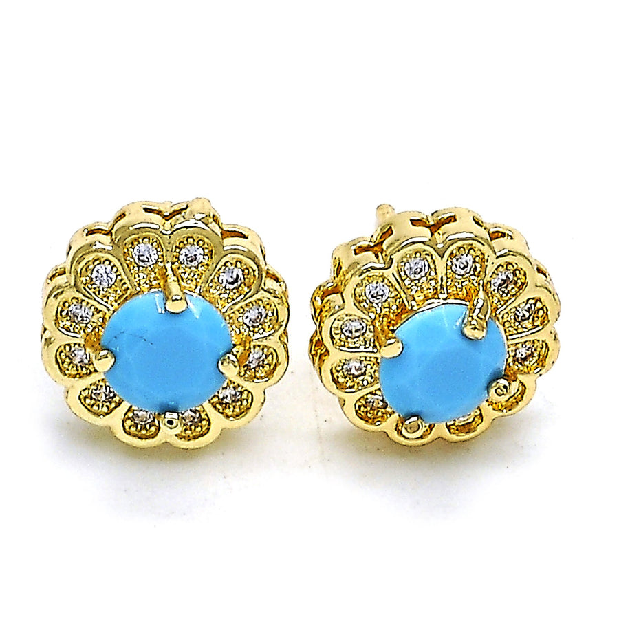 14K Gold Filled High Polish Finsh Turquoise Flower Stud Earring With Micro Pave Image 1