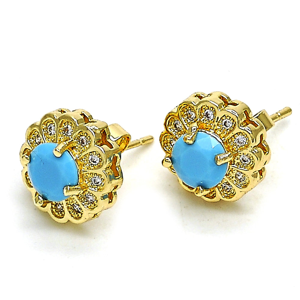 14K Gold Filled High Polish Finsh Turquoise Flower Stud Earring With Micro Pave Image 2