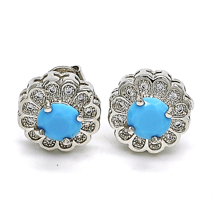 RHODIUM Filled High Polish Finsh  TURQUOISE FLOWER STUD EARRING WITH MICRO PAVE Image 1