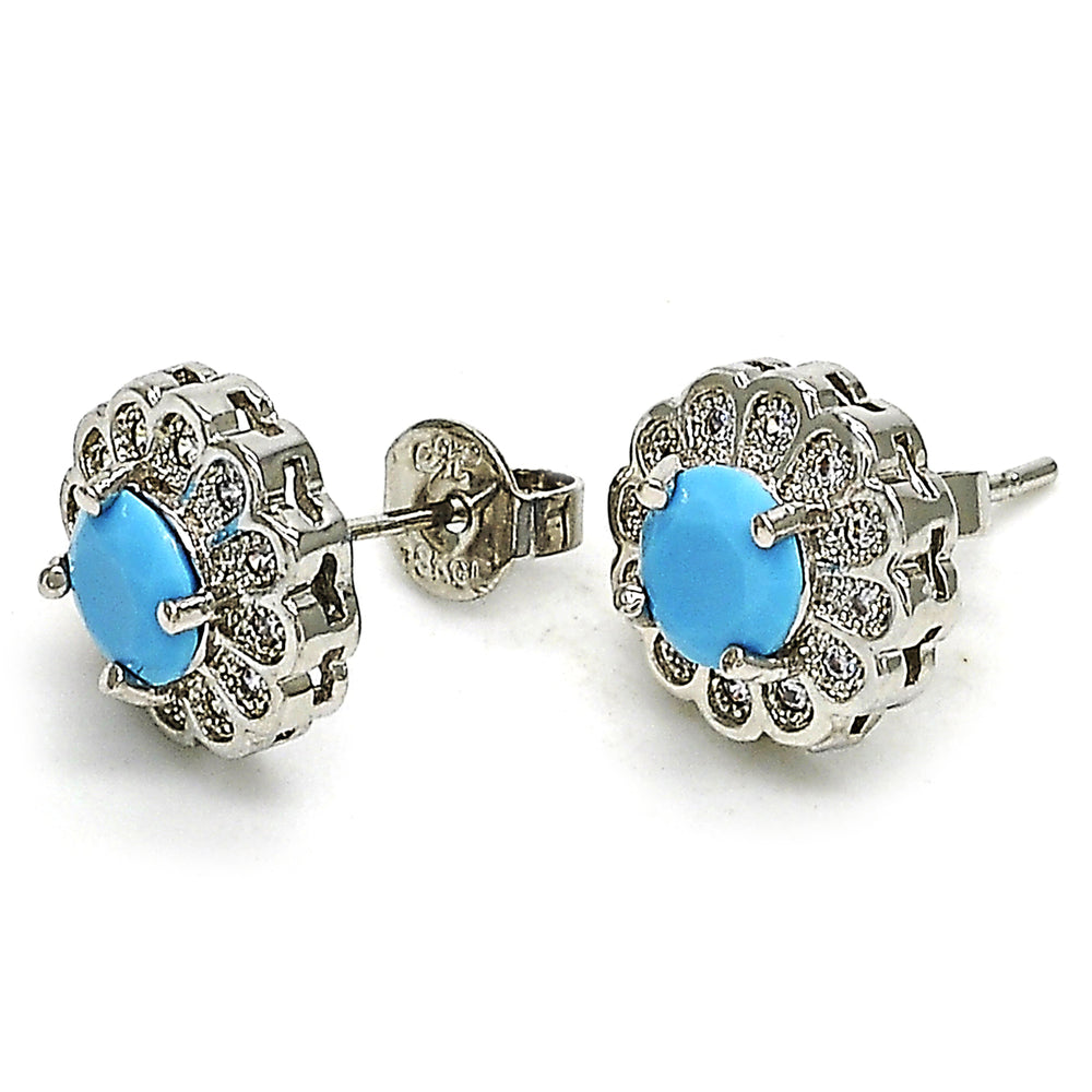 RHODIUM Filled High Polish Finsh  TURQUOISE FLOWER STUD EARRING WITH MICRO PAVE Image 2