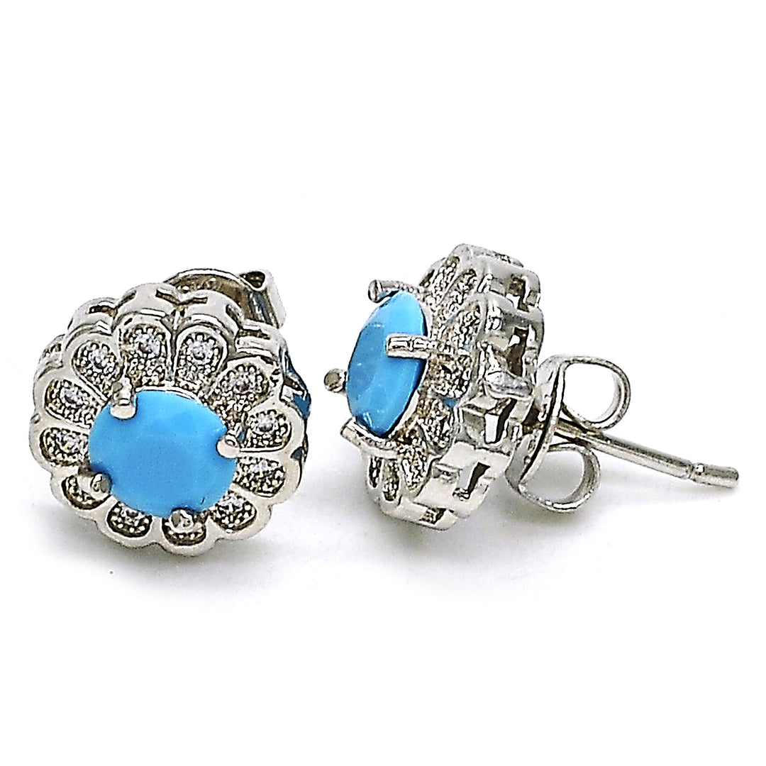 RHODIUM Filled High Polish Finsh  TURQUOISE FLOWER STUD EARRING WITH MICRO PAVE Image 3