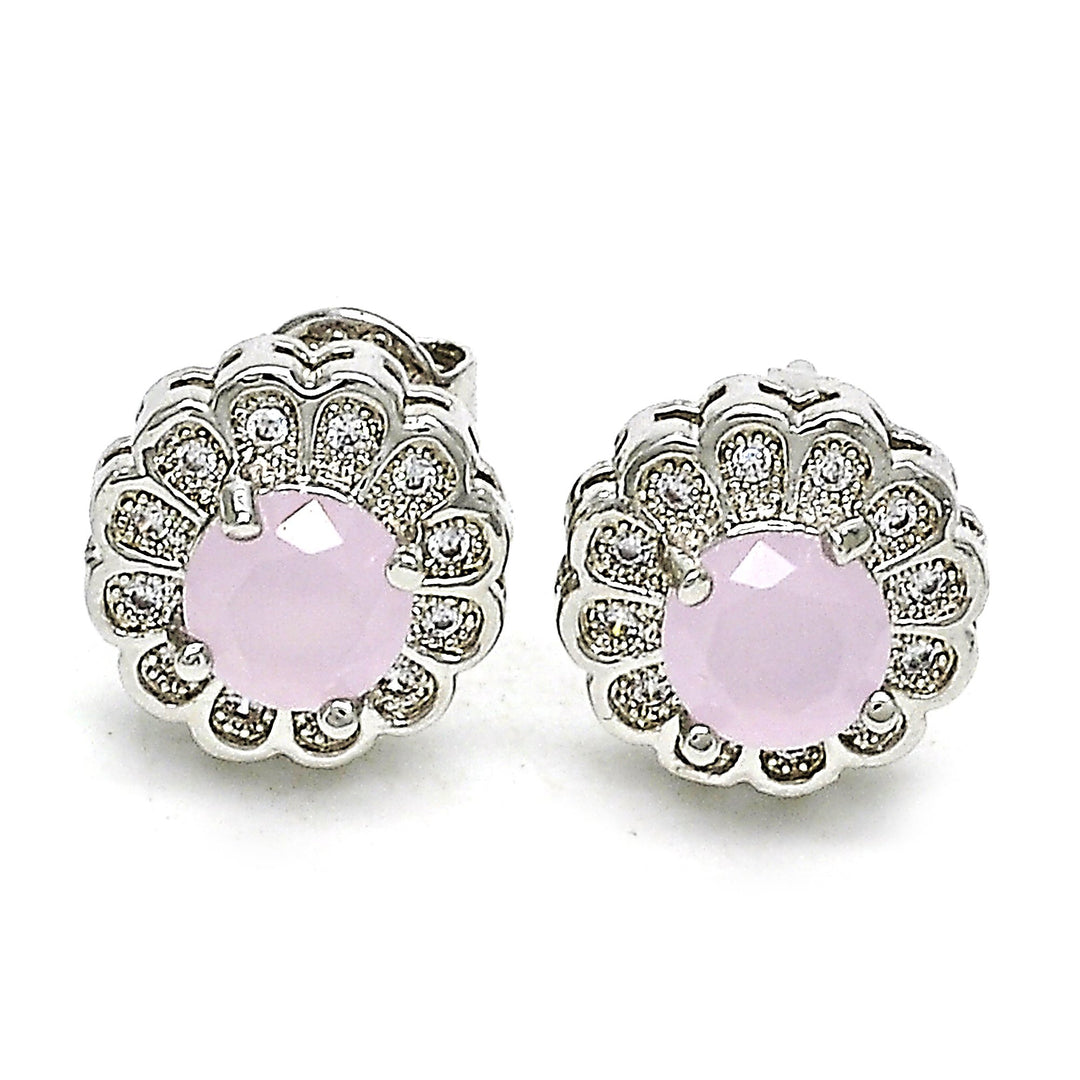 14K Gold Filled High Polish Finsh  Rhodium Pink Opal Flower Stud Earring With Micro Pave Image 1