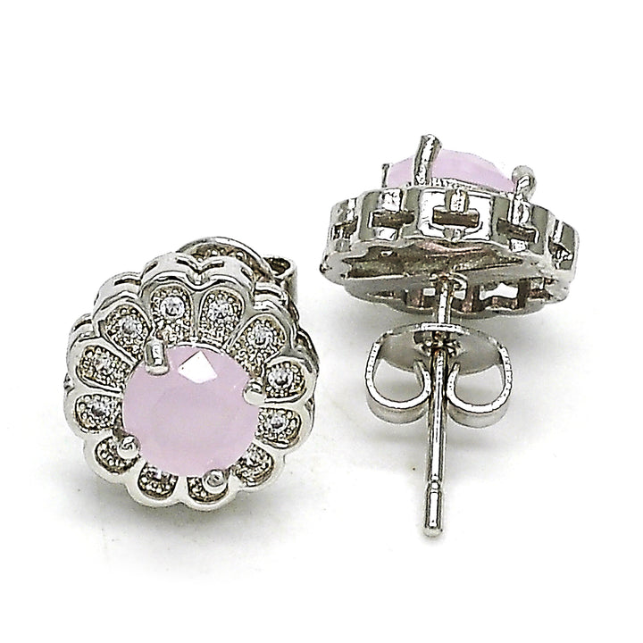 14K Gold Filled High Polish Finsh  Rhodium Pink Opal Flower Stud Earring With Micro Pave Image 2