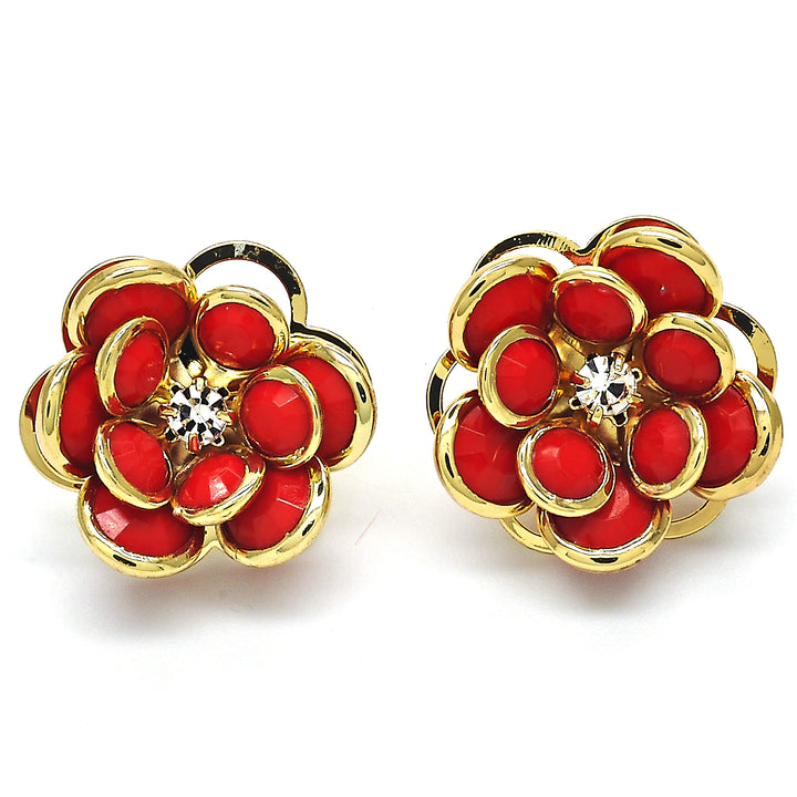 14K Gold Filled High Polish Finsh Ruby Hibiscus Crystal Stud Earring Image 1