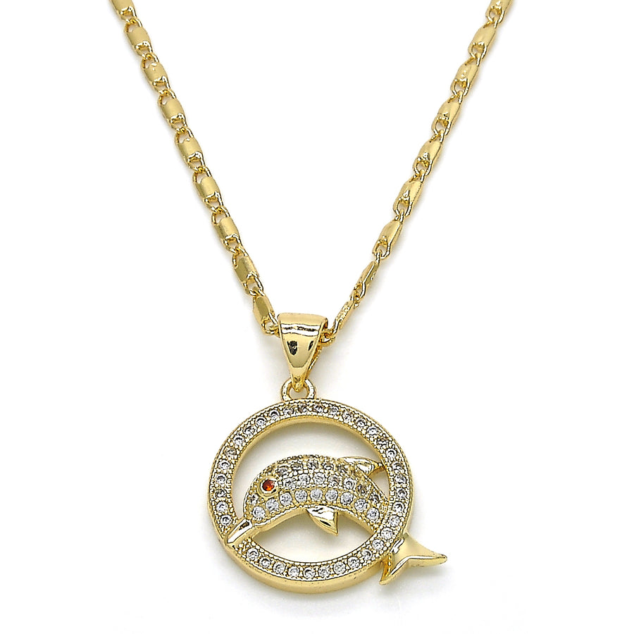 Gold Filled High Polish Finsh Fancy Necklace Dolphin Design with Garnet and White Micro Pave Polished Finish Golden Tone Image 1