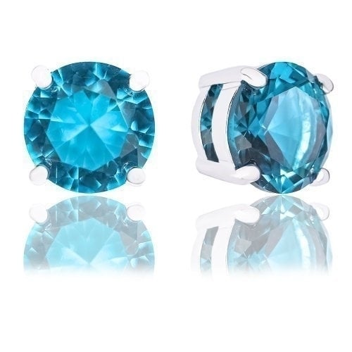 Silver Plated 7mm Sky Blue CZ Stud Earrings Round Brilliant Cut Basket Set Rhodium 2 1/2 ct./pr Image 1