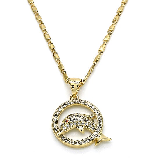 Gold Filled Layered Fancy Necklace Dolphin Design with red and White Micro Pave Polished Finish Plateden Tone Image 1