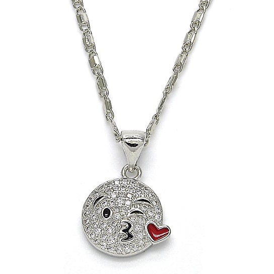 Rhodium Plated Fancy Necklace Kiss Emoji Design with Cubic Zirconia Rhodium Tone Image 1