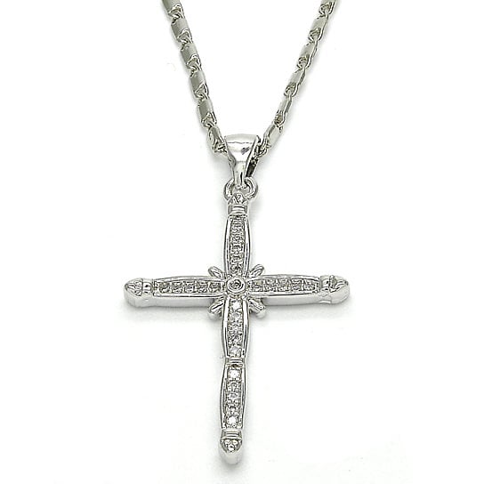 Rhodium Plated Fancy Necklace Cross Design with Cubic Zirconia Rhodium Tone Image 1