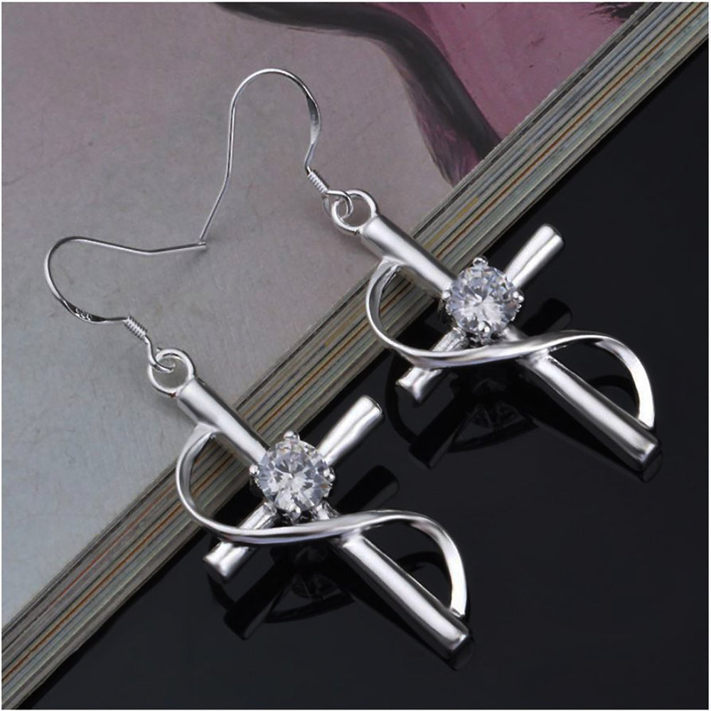 925 silver 1/2ct CZ diamond cross dangle earrings Image 2