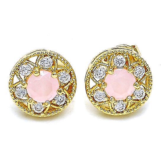 Gold Filled Layered Stud Earring Flower Design with Opal and Cubic Zirconia Plateden Tone Image 1