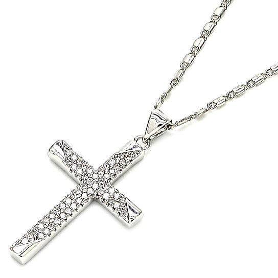 Rhodium Plated Fancy Necklace Cross Design with Crystal Rhodium Tone Image 1