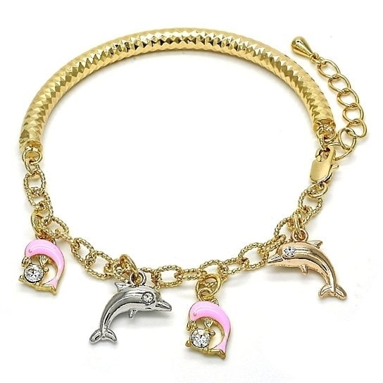 14k Gold Filled Charm Bracelet Dolphin and Hollow Design with Crystal Tri Tone Image 1