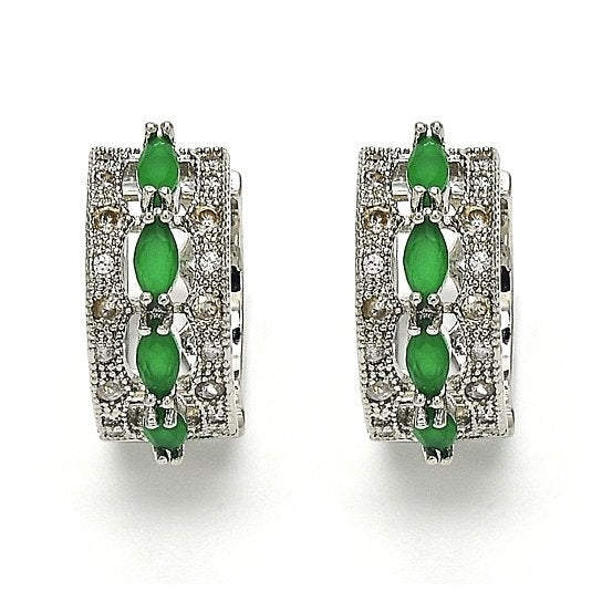 RHODIUM PLATED Green OVAL EARRINGS Image 1