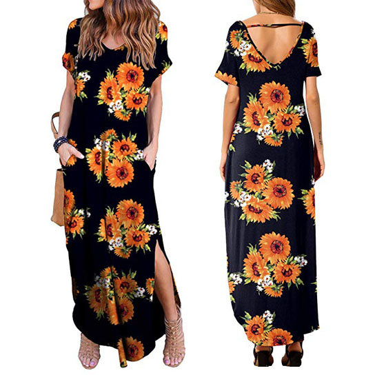 Sunflower Print Floor Length Beach Dress Image 1