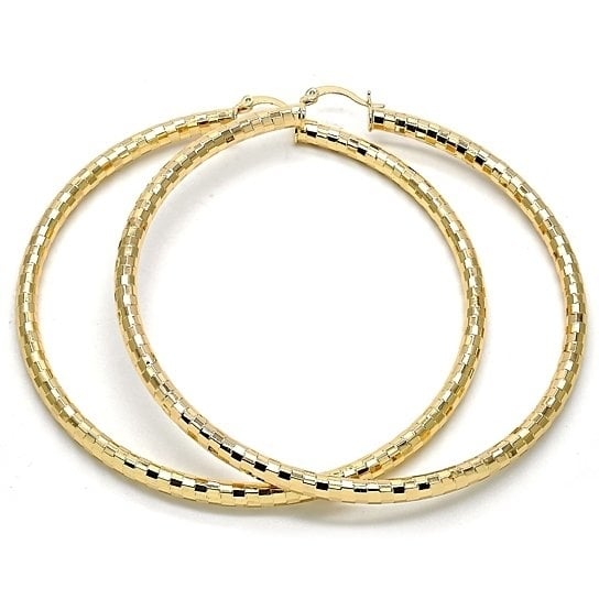 14k Gold Filled Extra Large Hoop Hollow Design,Cut Diamond Style Plateden Tone 70mm Image 1